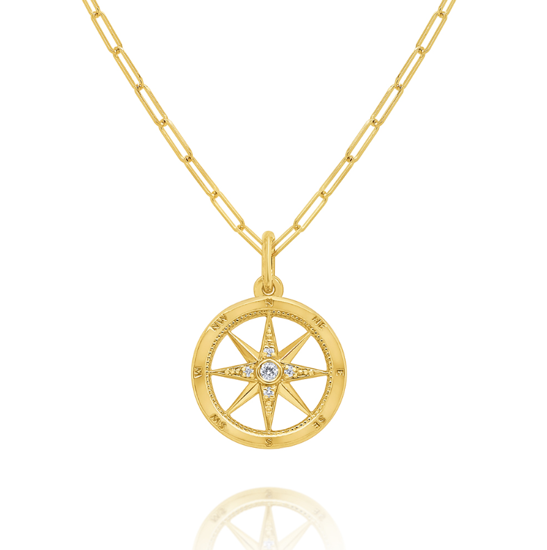 14k Yellow Gold Diamond Compass Journey Pendant w/ Direction Points (I8229)