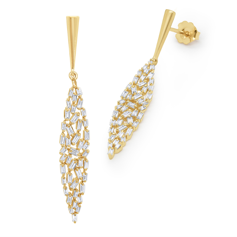 14k Yellow Gold Baguette Diamond Marquise Dangle Earrings (I8236)