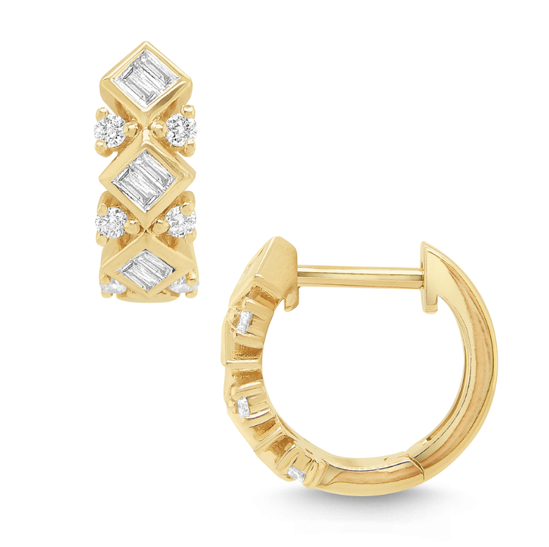 14k Yellow Gold Diamond Round & Baguette Hoop Earrings (I8282)