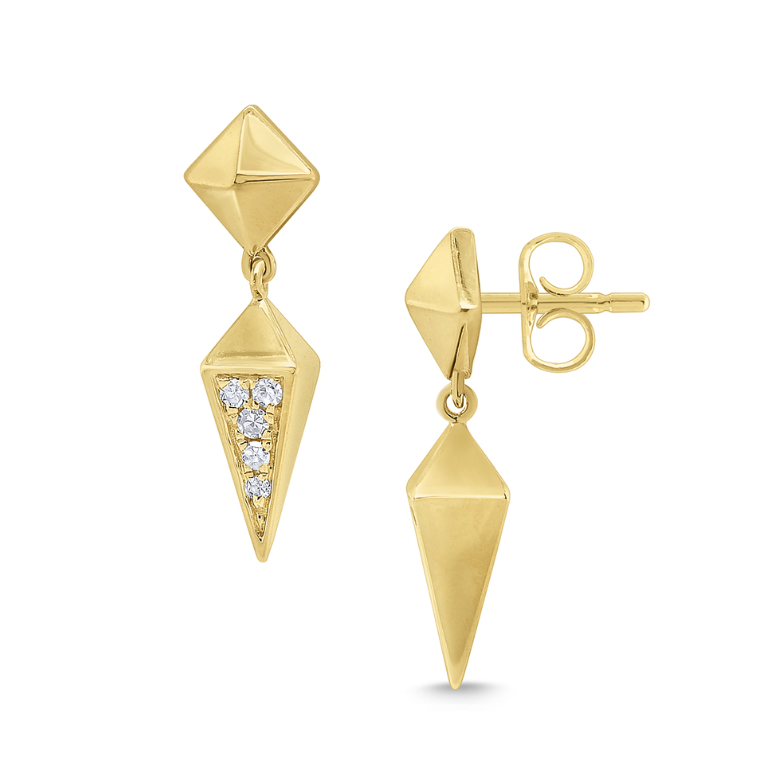 14k Yellow Gold Diamond Pyramid Drop Earrings (I8287)