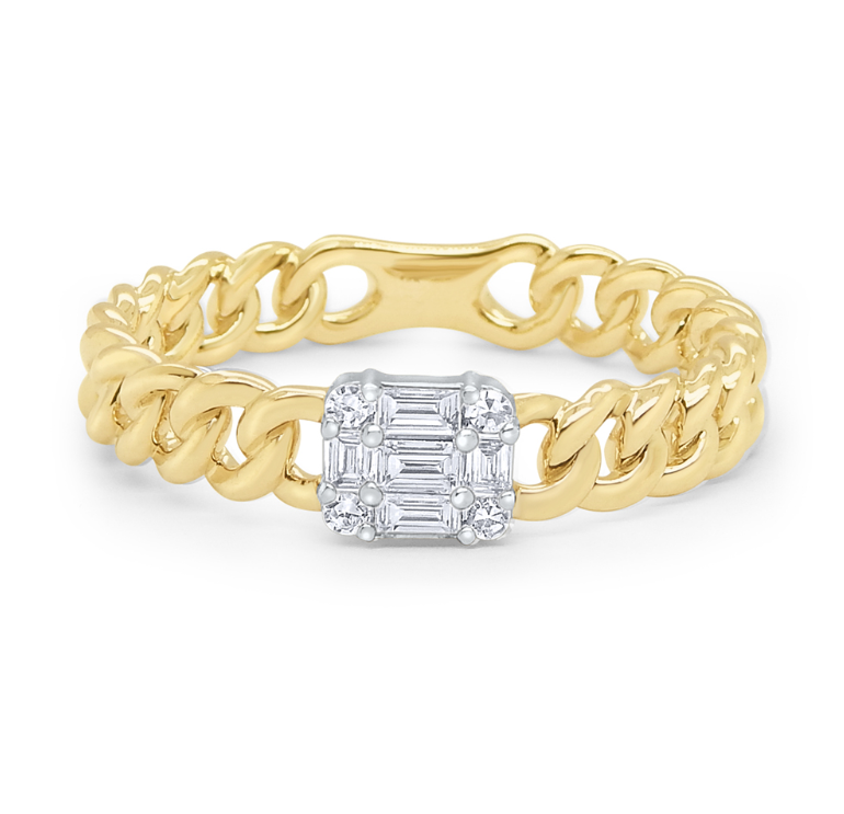 14k Yellow Gold Baguette & Round Diamond Chain Link Ring (I8300)