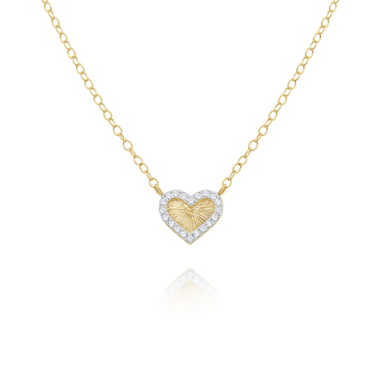 14k Yellow Gold Sunray Etched Heart Diamond Necklace (I8304)