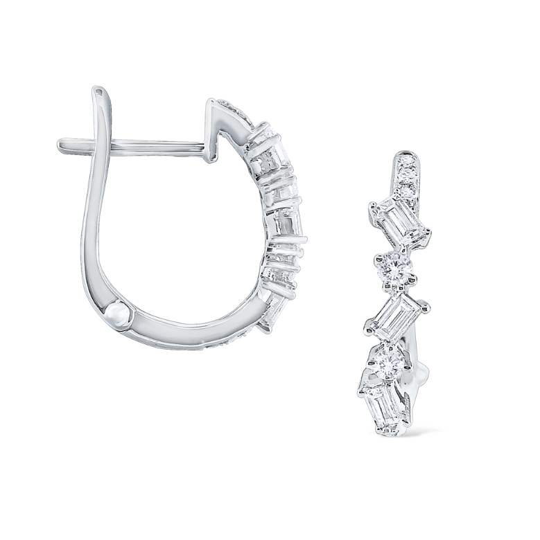 14k White Gold Scattered Round & Baguette Diamond Hoop Earrings (I8316)