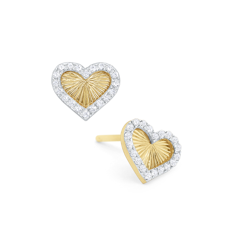 14k Yellow Gold Diamond Sunray Heart Stud Earrings (I8321)