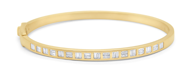 14k Matte Yellow Gold Baguette Diamond Bangle Bracelet (I8334)