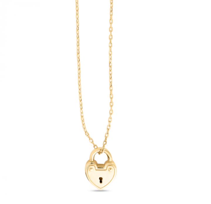 14k Yellow Gold Polished Heart Padlock Necklace (I8361)