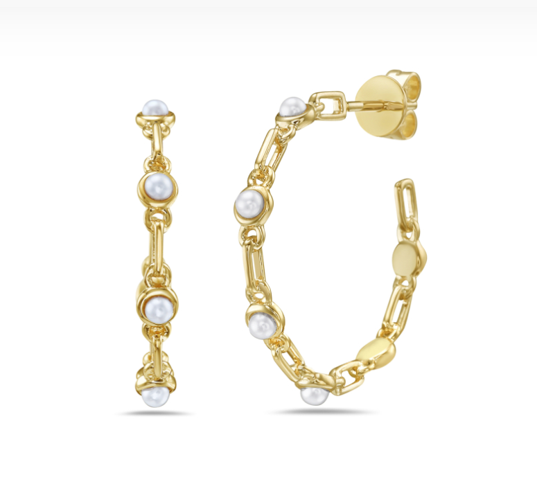 14k Yellow Gold Bezel Freshwater Pearl & Link Hoop Earrings (I8407)