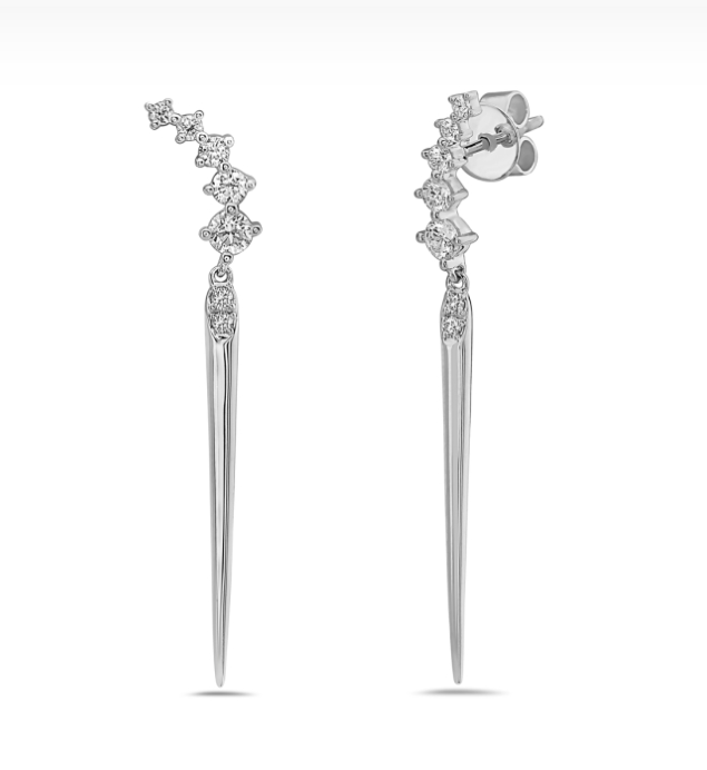 14k White Gold Graduating Diamond & Dagger Dangle Earrings (I8411)