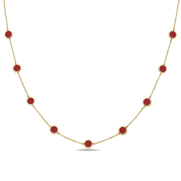 14k Yellow Gold Coral Circle Station Necklace (I8434)