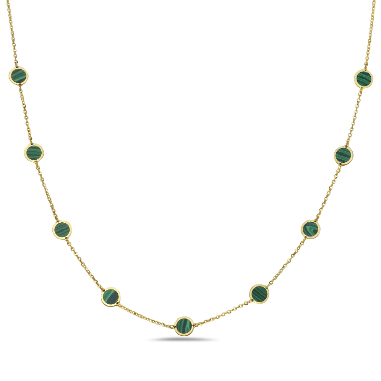 14k Yellow Gold Malachite Circle Station Necklace (I8435)