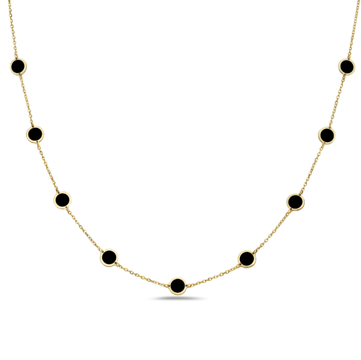 14k Yellow Gold Onyx Circle Station Necklace (I8441)