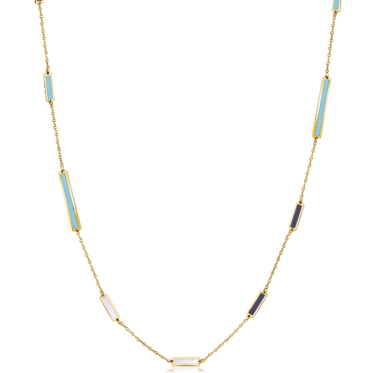 14k Yellow Gold Tri-Color Mixed Bar Rectangle Station Necklace (I8442)