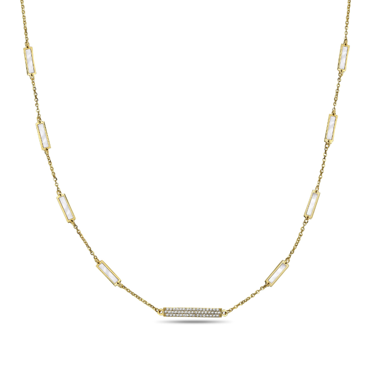 14k Yellow Gold Mother of Pearl & Diamond Rectangle Station Necklace (I8443)