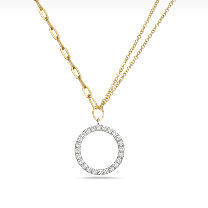 14k Gold Asymmetrical Diamond Circle Half Double Chain Necklace