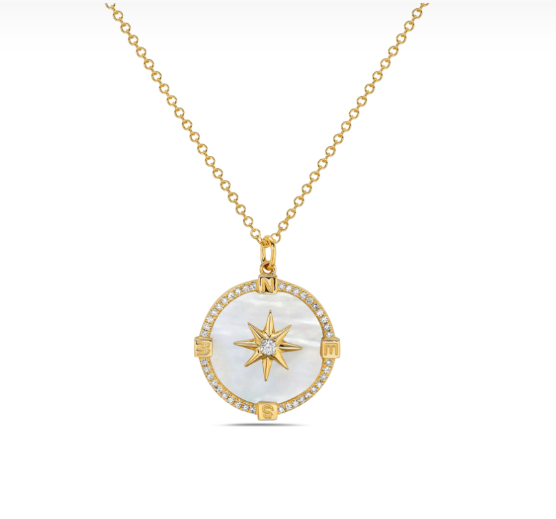 14k Yellow Gold Mother of Pearl & Diamond Star & Halo Disc Necklace (I8518)