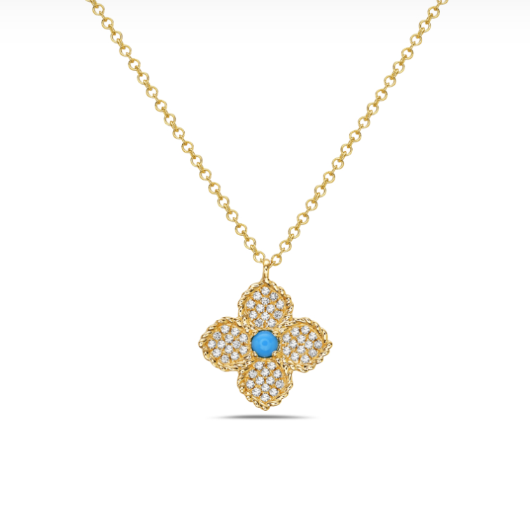 14k Yellow Gold Pave Diamond Turquoise Accent Floral Necklace (I8528)