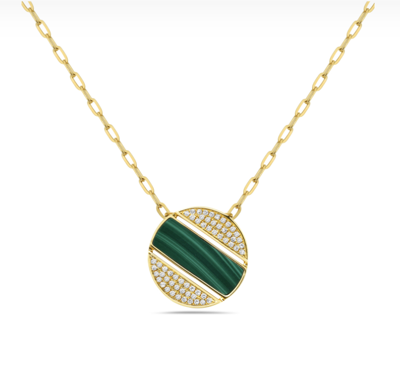 14k Yellow Gold Malachite & Diamond Disc Necklace (I8534)