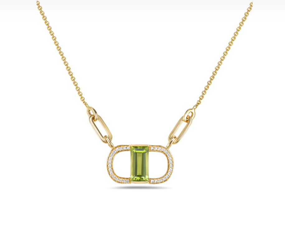 14k Yellow Gold Diamond Oval and Baguette Peridot Necklace (I8545)