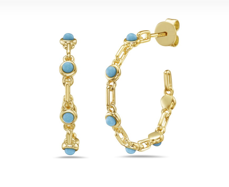 14k Yellow Gold Bezel Turquoise & Link Hoop Earrings (I8547)