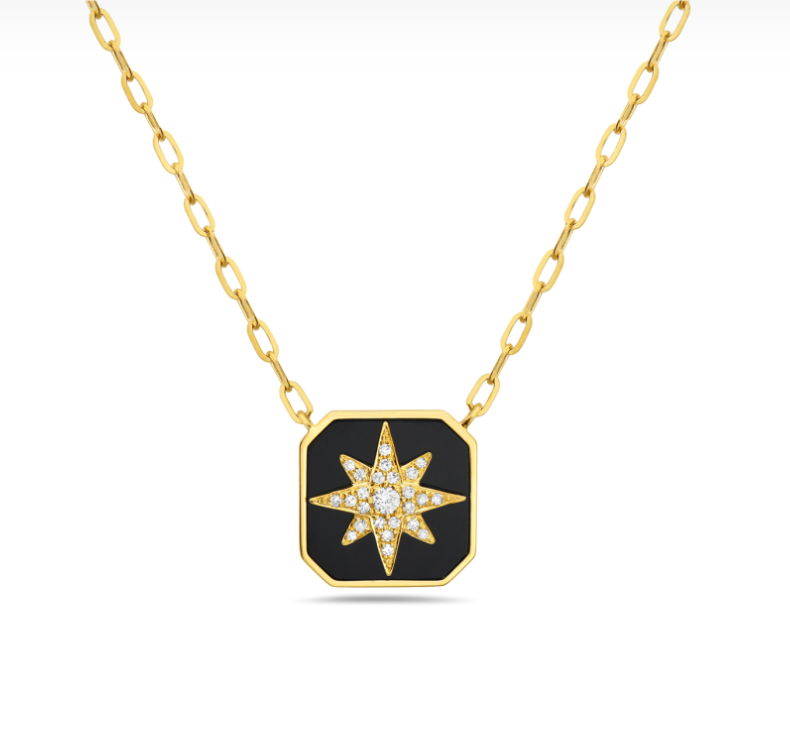 14k Yellow Gold Black Agate & Diamond Star Necklace (I8584)