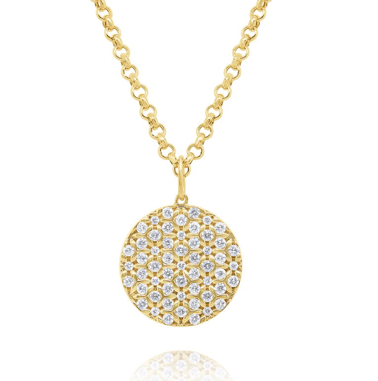 14k Gold Pave Diamond Disc Necklace