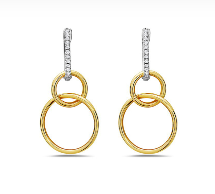 14k Yellow & White Gold Diamond Circle Link Dangle Earrings (I8670)