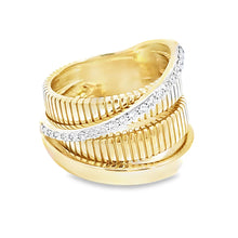 Load image into Gallery viewer, 14k Gold Ridged, Pave Diamond &amp; High Polish Multi-Band Crossover Ring
