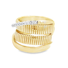 Load image into Gallery viewer, 14k Gold Ridged, Pave Diamond &amp; High Polish Multi-Band Crossover Ring
