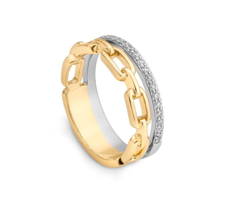 14k Gold Pave Diamond & Link Double Band Ring