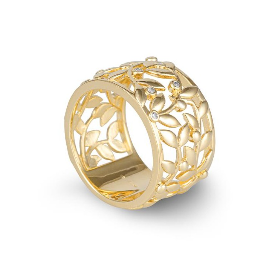 Gold Plated Sterling Silver Floral Vine White Sapphire Wide Ring (I8823)