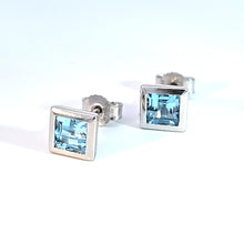 Load image into Gallery viewer, 14k White Gold Square Bezel Blue Topaz Stud Earrings (I8851)
