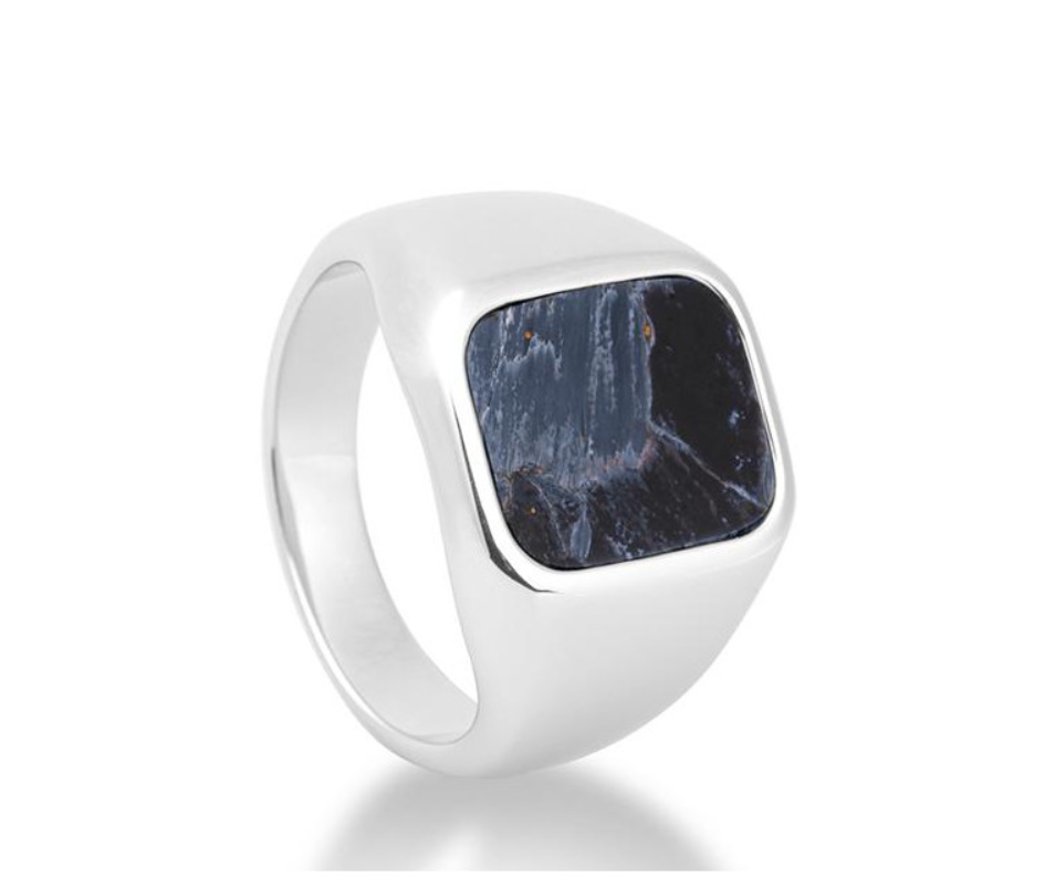 14k White Gold Signet Style Blue Pietersite Ring (I8866)