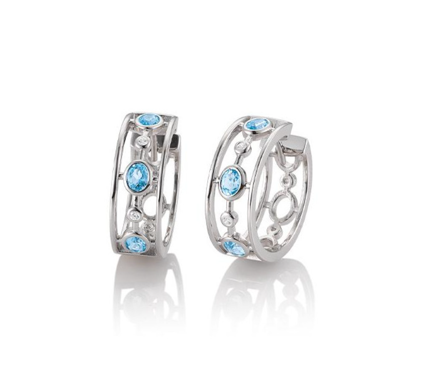 Rhodium Plated Sterling Silver Bezel Swiss Blue Topaz & Bezel White Sapphire Hoop Earrings (I8894)