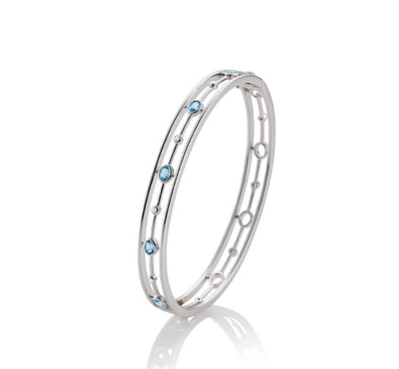 Rhodium Plated Sterling Silver Bezel Swiss Blue Topaz & Bezel White Sapphire Oval Bangle Bracelet (I8896)