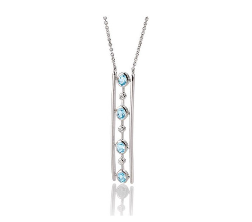 Rhodium Plated Sterling Silver Bezel Swiss Blue Topaz & Bezel White Sapphire Vertical Bar Necklace (I8897)