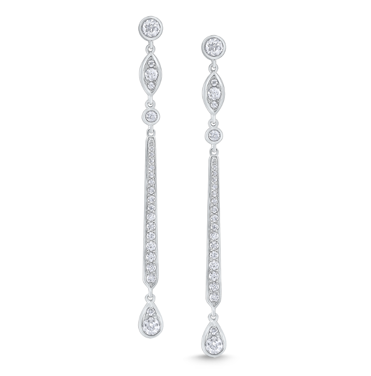 14k White Gold Pear, Marquise & Round Diamond Pod Linear Earrings (I8910)