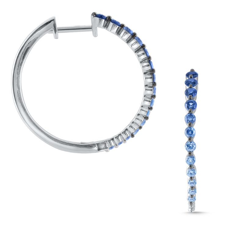 14k White Gold Ombre Blue Sapphire & Diamond Hoop Earrings (I8915)