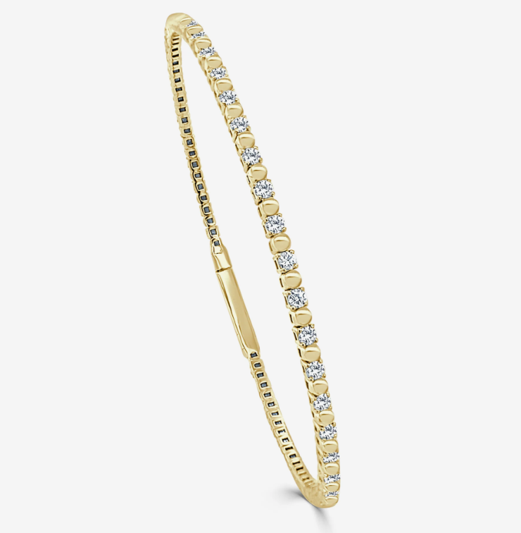 14k Yellow or White Gold Diamond Beaded Flexible Bangle Bracelet