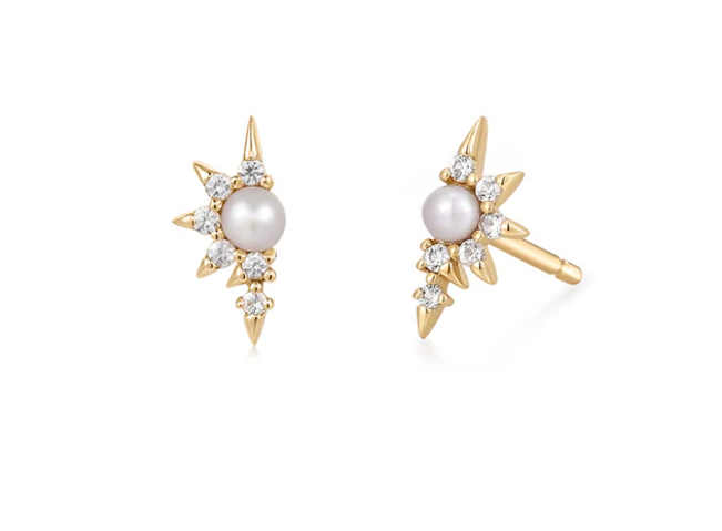 14k White Gold Pearl & Sapphire Starburst Petite Stud Earrings (I9115)