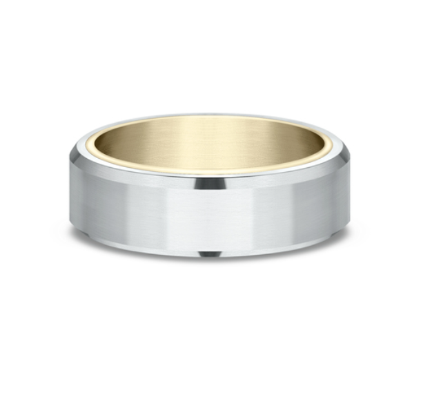 14k Yellow & White Gold Satin Finish, Bevel Edged Men's Wedding Band (I9155)