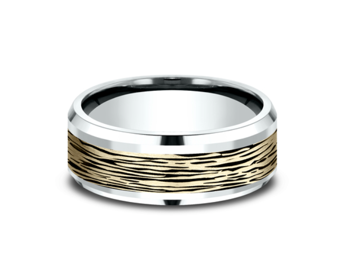 14k Yellow & White Gold Horizontal Bark Men's Wedding Band (I9163)