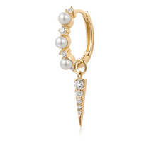 Load image into Gallery viewer, Earscapes - 14k Yellow Gold Pearl &amp; Diamond Huggie Hoop with Diamond Dagger Charm *Single* Earring (I9239)
