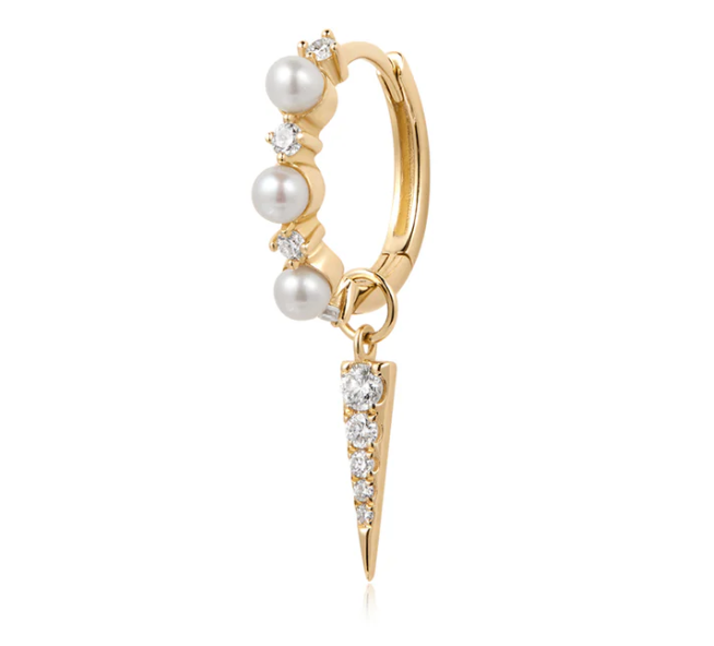 Earscapes - 14k Yellow Gold Pearl & Diamond Huggie Hoop with Diamond Dagger Charm *Single* Earring (I9239)