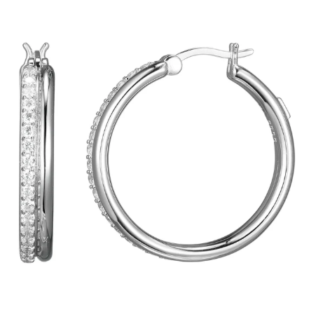 ELLE Rhodium Plated Sterling Silver CZ Double Row Hoop Earrings (SI8168)