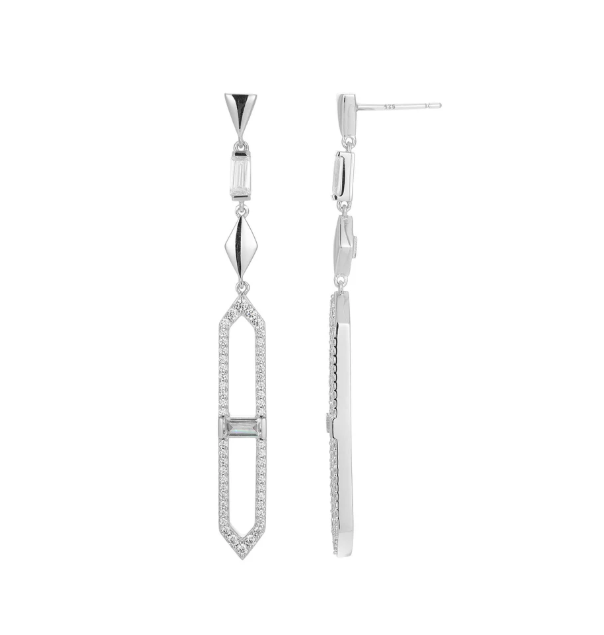 ELLE Rhodium Plated Sterling Silver CZ Art Deco Dangle Earrings (SI8412)