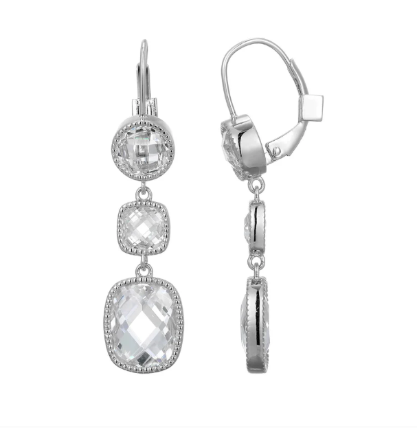 ELLE Rhodium Plated Sterling Silver Multi-Shape Faceted CZ Dangle Earrings (SI8157)
