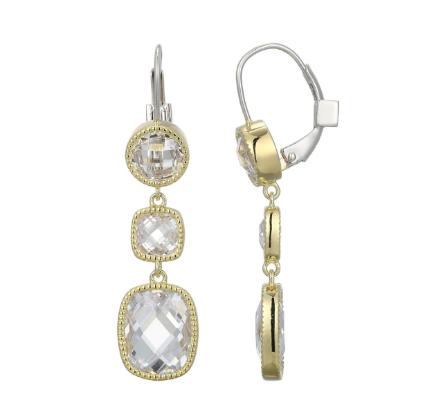 ELLE Two Tone Rhodium Plated Sterling Silver Multi-Shape Faceted CZ Dangle Earrings (SI8182)