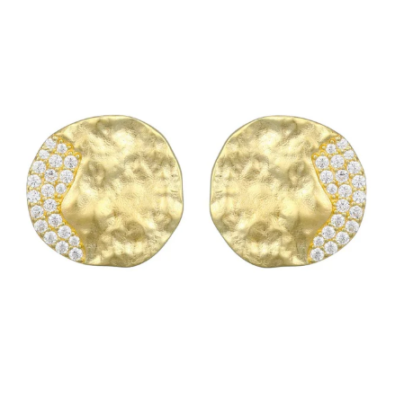 ELLE Gold Plated Sterling Silver Hammered CZ Disc Stud Earrings (SI8415)