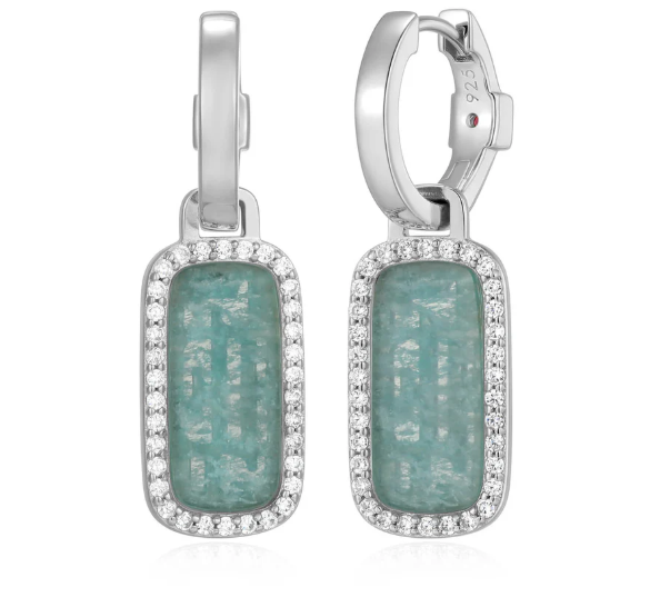 ELLE Rhodium Plated Sterling Silver Rectangle Amazonite & CZ Space Dangle Earrings (SI8413)