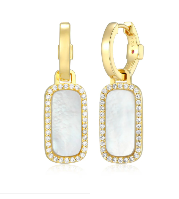 ELLE Gold Plated Sterling Silver Rectangle Mother of Pearl CZ Hoop Dangle Earrings (SI8155)